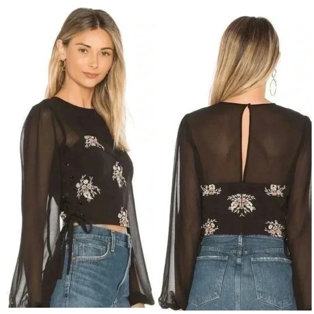 Tularosa Black Sheer Floral Tie-Detail Blouse